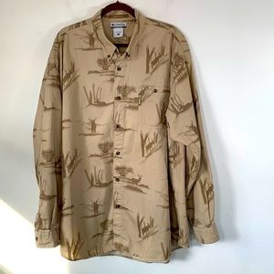 Columbia River Lodge Deer Trees Print Button Up Mens Size XXL Textured Tan Shirt